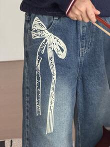 DAZY Tween Girls' Bow Print Wide Leg Jeans - Blue - View 7