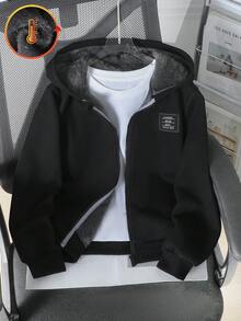 SHEIN 男童秋冬时尚保暖连帽拉链卫衣外套，字母华夫格面料设计，单件装 - 黑色 - 查看 1
