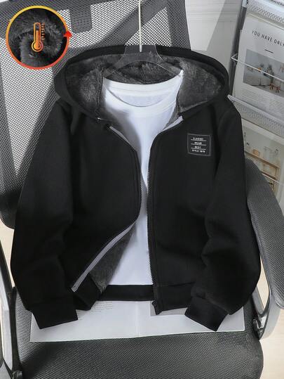 SHEIN 男童秋冬时尚保暖连帽拉链卫衣外套，字母华夫格面料设计，单件装