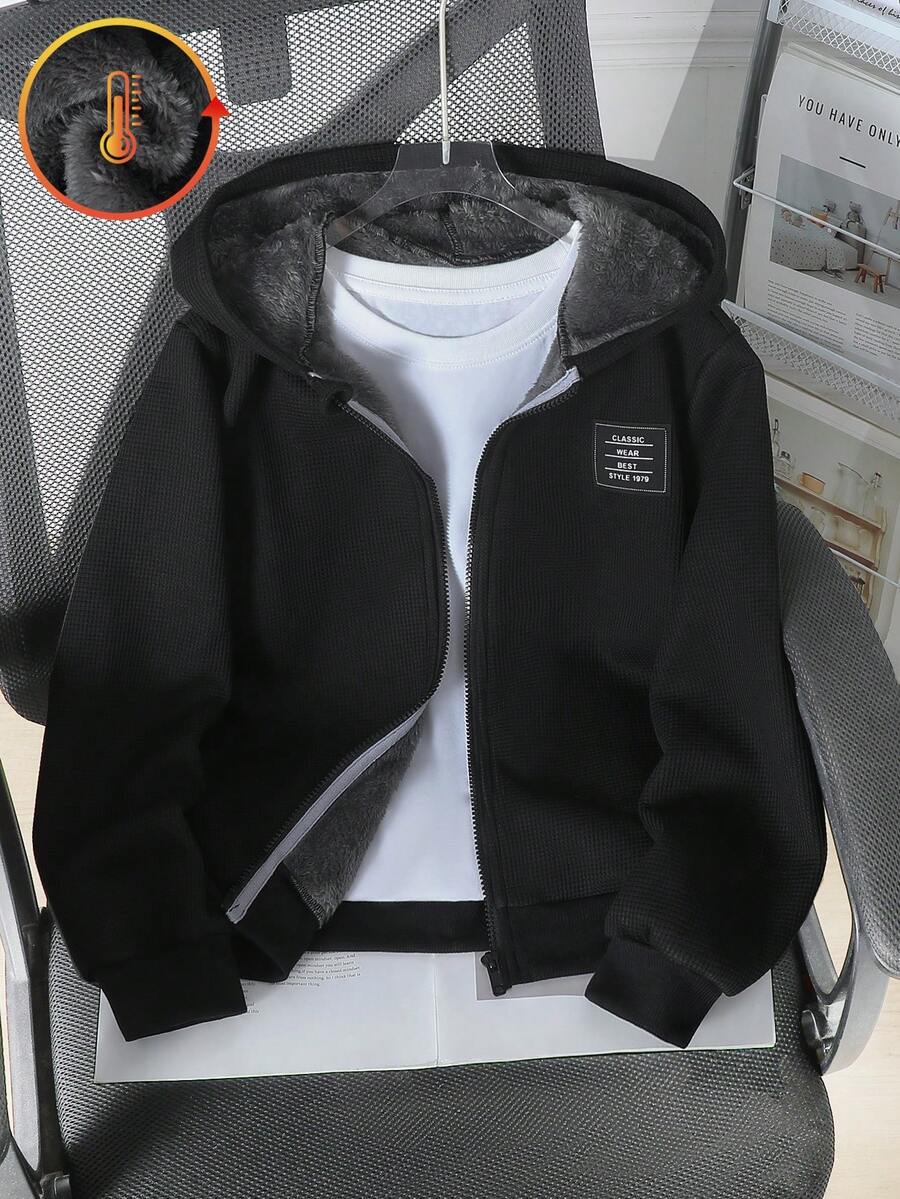 SHEIN 男童秋冬时尚保暖连帽拉链卫衣外套，字母华夫格面料设计，单件装 - 黑色 - 查看 1