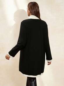 Chikora 大码女式优雅舒适金属纽扣长款保暖开衫，黑白配色，适合秋季穿着，女士防风外套，商务休闲女装 - 黑色 - 查看 2