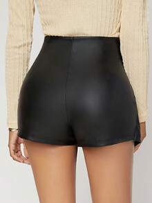 Falda short dama mujer cuerina imitación piel negra brillante mini AMPLIA CINTURA cruzado abertura frontal cintura alta ajuste entallado estilo rock urbano chic moda otoño invierno fiesta antro sexy atrevida - Negro - Ver 3