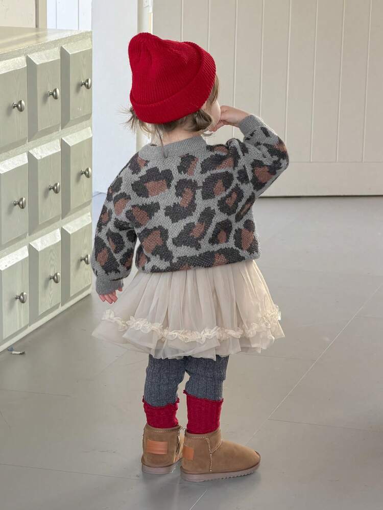 Toddler Girls' Leopard Print Casual Korean Style Loose Long Sleeve Cardigan, Autumn/Winter