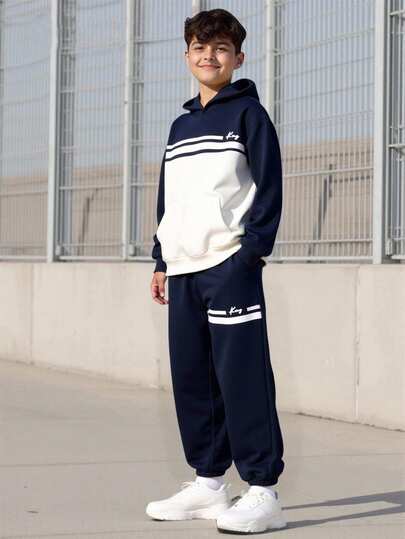 Vacaura 2 件青少年连帽拼色印花长袖运动衫和纯色口袋抽绳裤套装，适合日常穿着和户外穿着，秋冬季