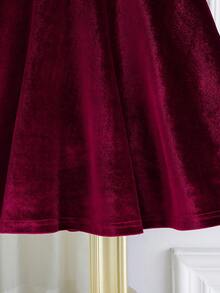 Young Girls Burgundy Velvet Round Neck Pearl Beaded Puff Sleeve Waist Fit & Flare Dress, Suitable For New Year, Party, Gathering, Christmas