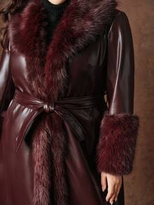 Anewsta معطف طويل بأسلوب جديد مع ياقة فرو قابلة للإزالة، من الجلد الصناعي اللامع باللون البرغندي مع حزام، مناسب للمقاسات الكبيرة في فصلي الخريف والشتاء - مشاهدة 2