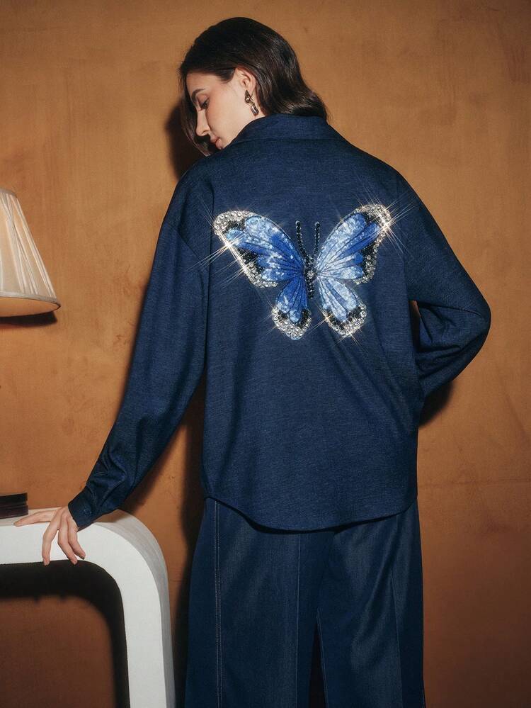 Blusa de Manga Longa Feminina com Bordado e Contas em Padrão de Borboleta