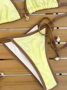 Swim Mod 两件套女士沙滩装，时尚可爱，适合度假、海滩、派对、游艇等场合，纯色搭配撞色贝壳装饰，可调节露背挂脖三角比基尼上衣和侧系带比基尼泳裤套装 - 彩色 - 查看 5