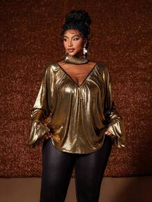 Maweii Blusa holgada de manga farol con parches de tela metálica y malla transparente de talle alto para mujer de talla grande, elegante para fiestas y banquetes - Dorado - Ver 2