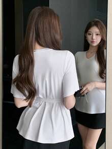 DAZY Women's Elegant V-Neck Ruched Flare Sleeve Short Sleeve T-Shirt, Summer - White - View 6