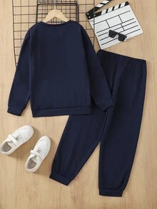 SHEIN Mirajuku 男童休闲学院风字母印花宽松卫衣套装，适合休闲、大学和运动穿着，秋冬季款 - 藏蓝色 - 查看 2