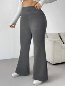 SHEIN EZwear 大码女式弹力腰喇叭裤，带保暖内衬，深灰色 - 深灰色 - 查看 4