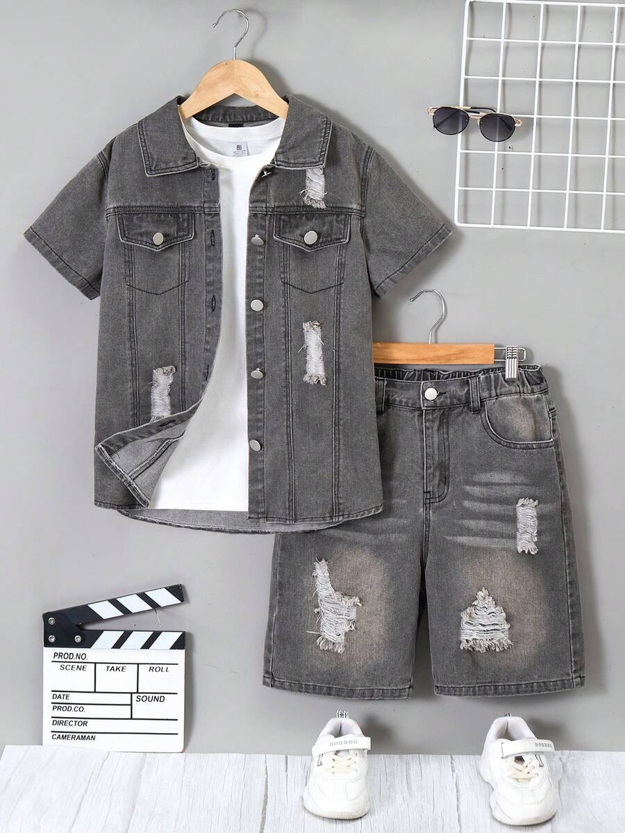 SHEIN 2 件套 Tween 男童牛仔短袖衬衫和短裤套装