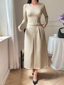 DAZY Women's Solid Color Round Neck Regular Shoulder Long Sleeve Loose Long Dress - Apricot - View 3