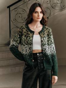 Anewsta Rhinestone Leopard Print Fuzzy Knit Cardigan - Green - View 6