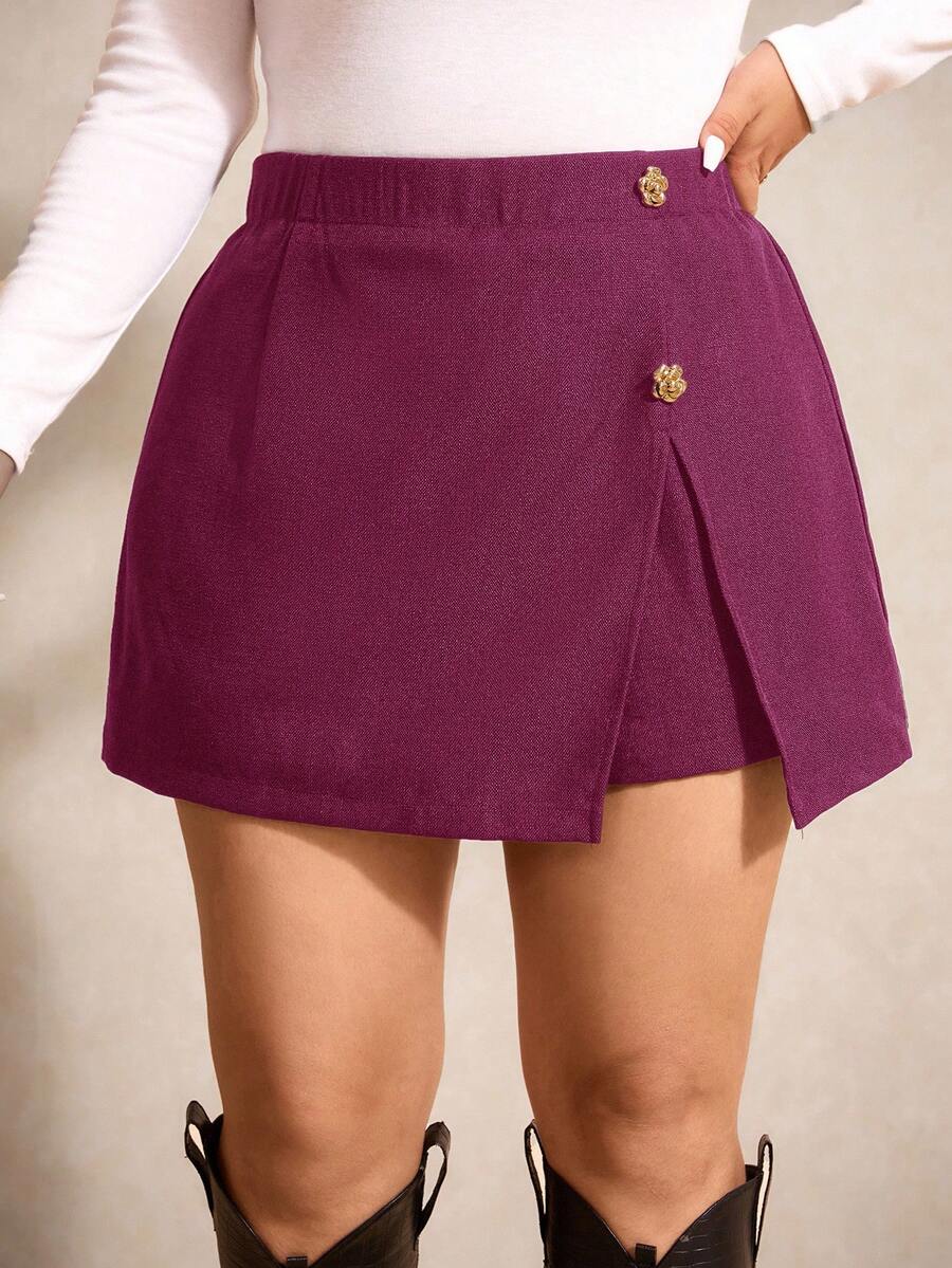 Elaquor Quần short lưng thun co giãn màu trơn cỡ lớn, xẻ gấu thông thường - Màu đỏ tím - Xem 1