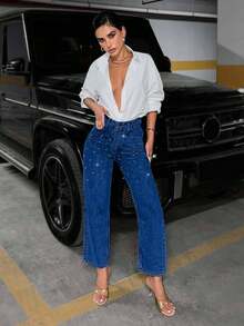 EURMUSE Blugi la modă pentru femei, culoare solidă, cu strasuri, buzunar, talie înaltă