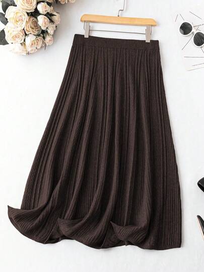 SHEIN LUNE Plus Size Women Solid Color Elastic Waist Casual Knitted Skirt, Autumn/Winter