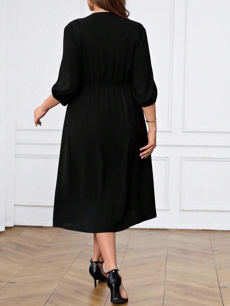 Plus Size V-Neck Puff Sleeve A-Line Dress That Conceals Belly,,Going Out Outfits,Office Wear Women,Tunic Dress,Brunch Outfits For Women,Fall Clothes For Women, Dress,Spring/Summer/Vacation