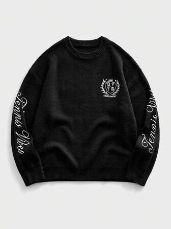 كنزة صوفية مطرزة بياقة مستديرة، أسلوب الشارع للرجال