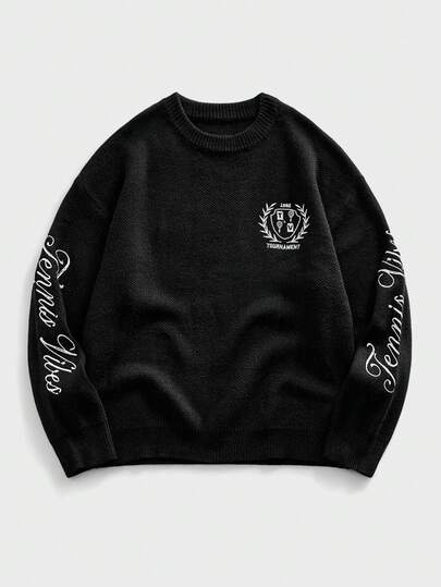 Men's Round Neck Embroidered Knit Sweater, Street Style