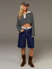 Athîral Women's Dark Blue Stretch Denim Bermuda Shorts, Classic Casual Jeans For Everyday Wear