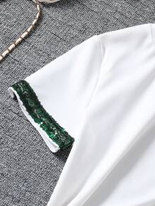 Conjunto de 2 peças para meninas pré-adolescentes: camiseta casual de manga curta com gola redonda e detalhes em miçangas, e saia elegante de tule com lantejoulas, ideal para primavera/verão. - Verde escuro - Ver 4