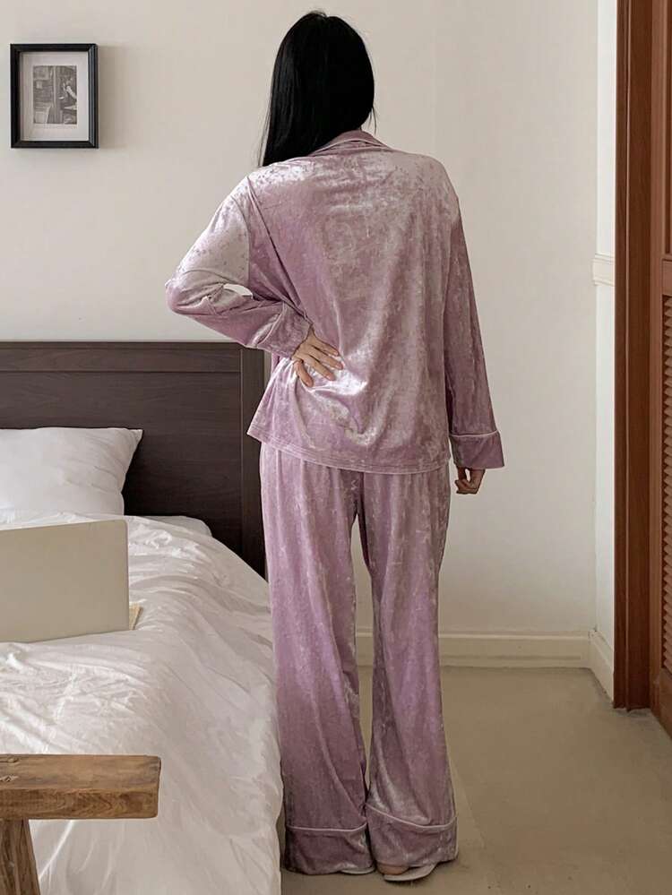 Women's Velvet Letter Embroidery Decoration Sleepwear Set, Autumn/Winter