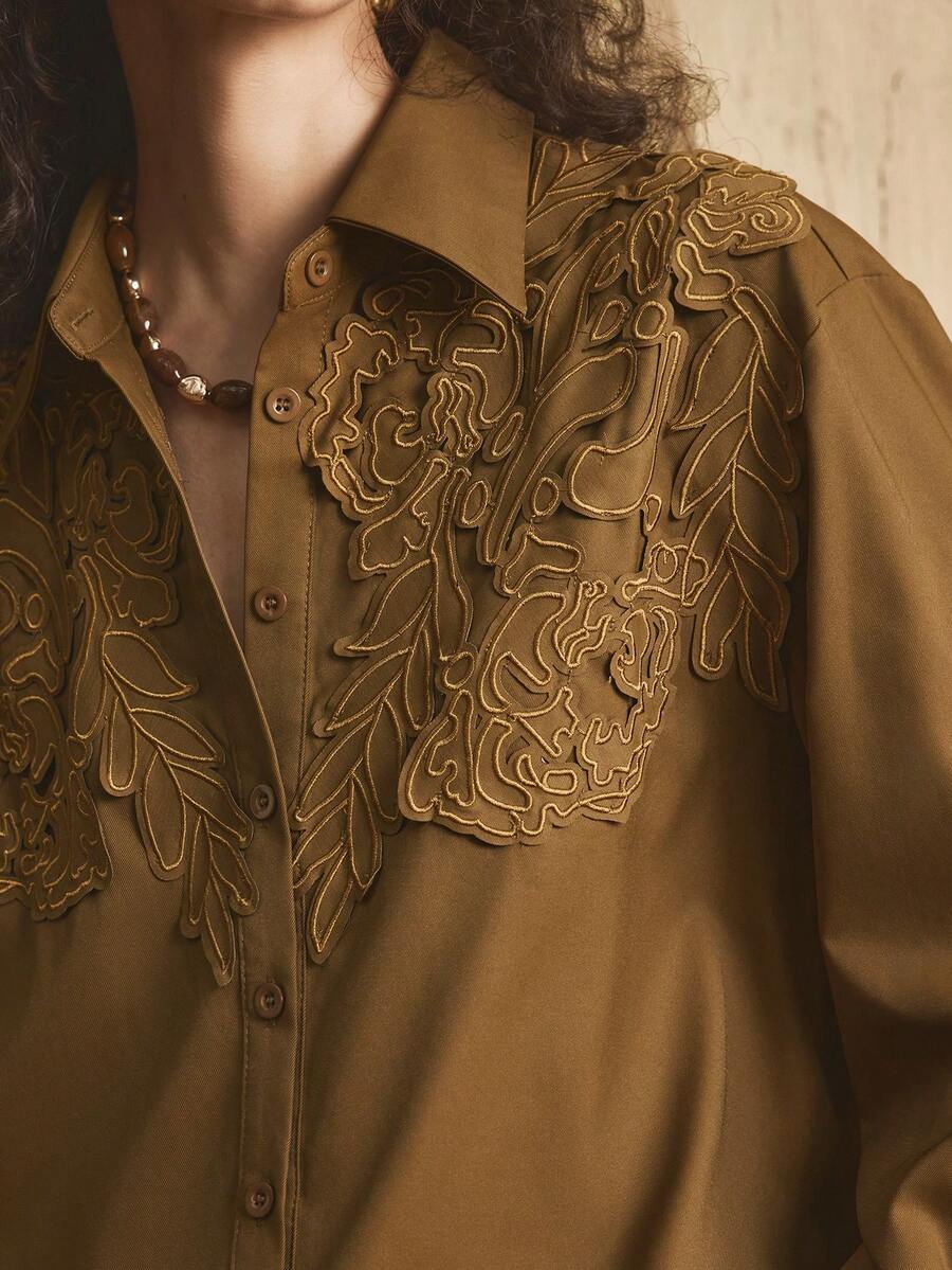EMERY ROSE 女士手工缝制日常通勤长袖秋季休闲衬衫 - 棕色 - 查看 1