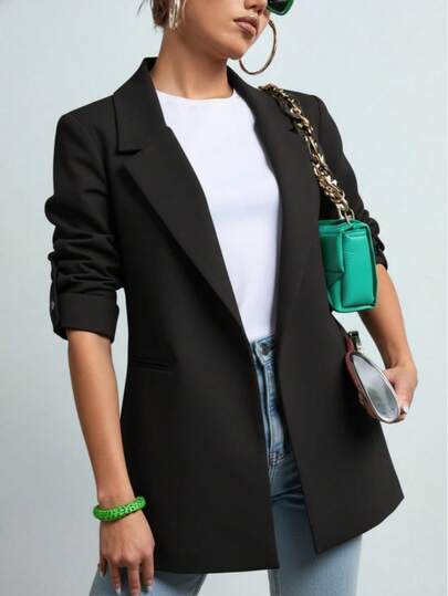 Blazer saco dama mujer mangas 3/4 traje sin botones bolsillos funcionales formal casual uso diario moderno cómodo ligero combinable elegante juvenil fiesta día noche versátil sofisticado minimalista chic