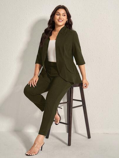 Comfylo Conjunto de 2 piezas de blazer y pantalón de unicolor de manga 3/4 para mujer de talla grande, traje de oficina casual de negocios, ropa de oficina de talla grande, conjunto de pantalón de talla grande, conjunto de ropa de mujer de talla grande