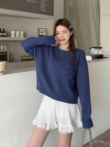 SHEIN Teen Girls Floral Pattern Solid Color Crew Neck Sweater, 3D Flower Decor, Suitable For Winter, Halloween - Navy Blue - View 4