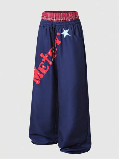 Prep Men's Wide Leg Casual Pants, Navy Blue Tone With Red Label White Star Print, Drawstring Waist For Comfort