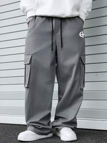 ROMWE MEN Pantalones casuales sueltos con bolsillo de unicolor para hombre - Gris Oscuro - Ver 7