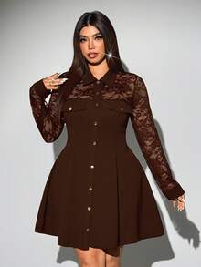Viva Relle Gaun Lengan Panjang Patchwork Renda Ukuran Besar - Coklat - View 2