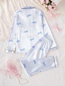 2pcs Women & Teen GirlElegant Plaid Satin Fabric Cardigan & Pants Casual Comfortable Pajama Set Bow Print Pajamas Teen Girls Pajamas-Pajama Set Notch Collar Long Sleeve Top With Bow Print Striped Lounge Pants Light Blue Piped Trim Home Wear All Season 2026 New Year Essential - Blue - View 2