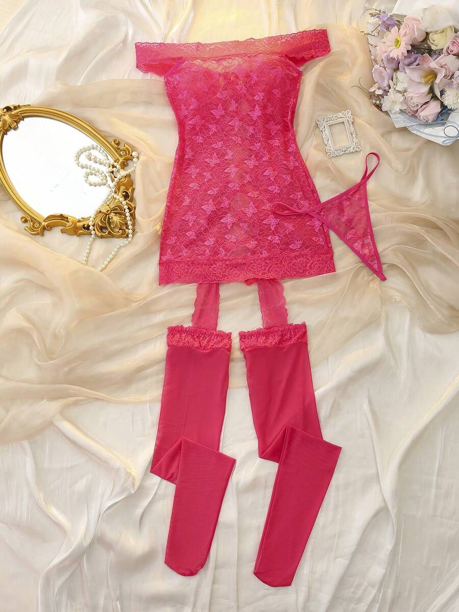 DelicateAllure 2pcs Lace Patchwork Criss-Cross Strap Off-Shoulder Sexy Lingerie Set: Nightgown + G-String - Hot Pink - View 1