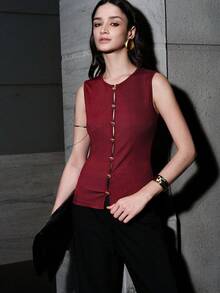 Lumivelle Women's Burgundy Summer Elegant Night Out Sleeveless Knit Vest,High-Elastic Slim-Fit Pullover Sweater,Small Round Neck,Metal Button Cutout,Y2K - Burgundy - View 4