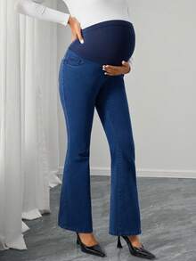 Momance Adjustable Waist Flare Maternity Casual Jeans - Medium Wash - View 7