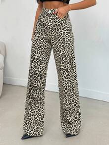 SHEIN Tall 100%纯棉中腰阔腿豹纹高个牛仔裤 - 彩色 - 查看 4