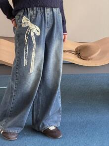DAZY Tween Girls' Bow Print Wide Leg Jeans - Blue - View 5