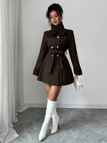 Rafferiza Áo khoác nữ thời trang kiểu Pháp thanh lịch rộng rãi có thể tháo rời bằng lông giả chắp vá hai hàng khuy, thắt eo, màu kaki, thu/đông - Cà phê nâu - Xem 3