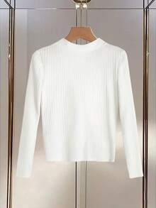 SHEIN Tall Áo thun dài tay cổ chữ V màu trơn dành cho nữ - trắng - Xem 2