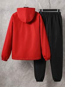 Vacaura 2 件套休闲青少年男童拼色字母印花连帽夹克和松紧腰慢跑裤，宽松版型，适合日常穿着、通勤、户外、运动、学校、街头服饰、派对，适合秋季、春季、冬季 - 酒紅色 - 查看 2