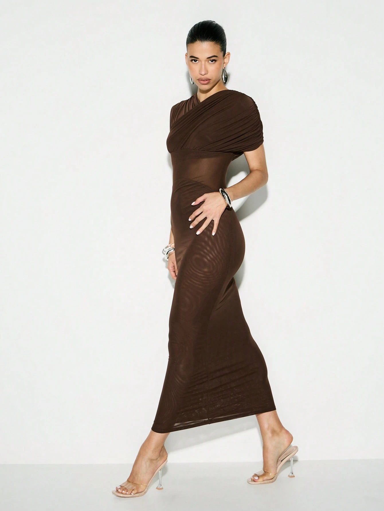 KIZN Ruched Wrap One Shoulder Midi Dress