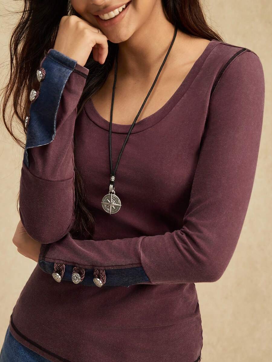 Easelle Casual Retro Scoop Neck Fitted Metal Design Women T-Shirt Women Long Sleeve Tops Winter Tops For Women Long T Shirt For Women Fitted Tops Women Winery Clothes For Women