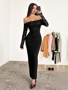 SHEIN PETITE 女式露肩长袖蕾丝拼布迷你连衣裙，夏季连衣裙春装 - 黑色 - 查看 4