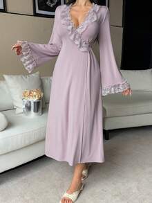 DAZY Lace Ruffle Collar Long Wrap Women Sleepwear Robe - Pink - View 5