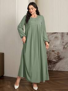 Al Najma 女士优雅长袖阿拉伯长袍，饰有串珠，A字型设计，适合日常休闲穿着。 - 綠色 - 查看 5