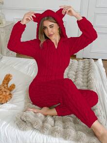 SHEIN Women's Animal Hooded Teddy Bear Embroidery Jacquard Plush Pajamas Romper, Fluffy Winter - Red - View 5